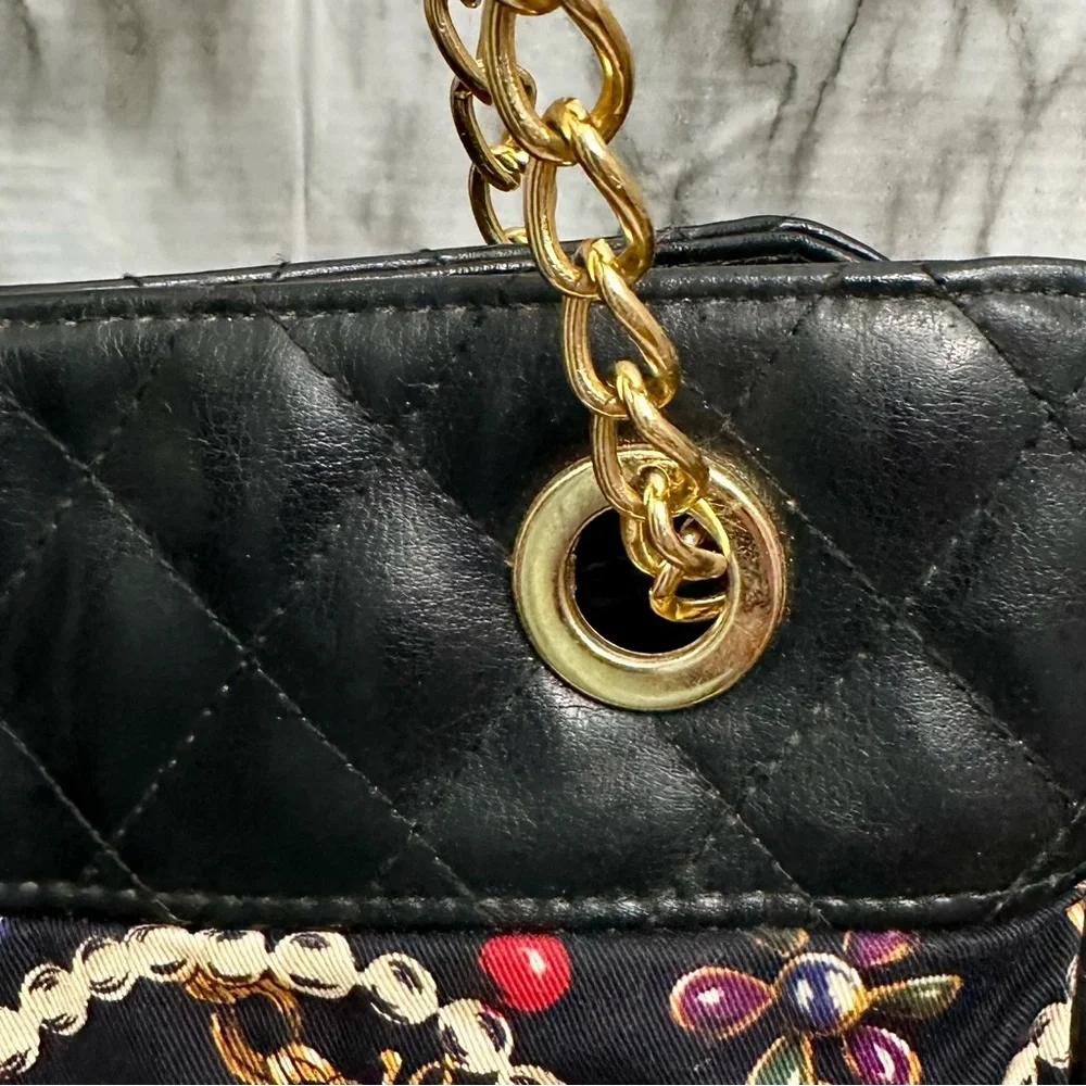 Monet Black Gold Chain Pattern Tote Bag Vintage 80s Jewelry Print Large Cloth